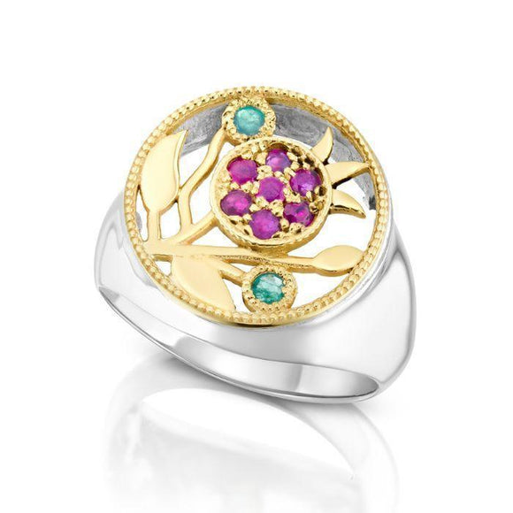 Kabbalah Ring Pomegranate Silver 925 Gold 9k with Ruby and Emerald - bluewhiteshop
