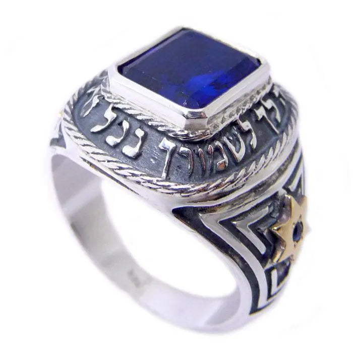 Kabbalah Ring with Angels Protection Blessing and Blue Sapphire - bluewhiteshop