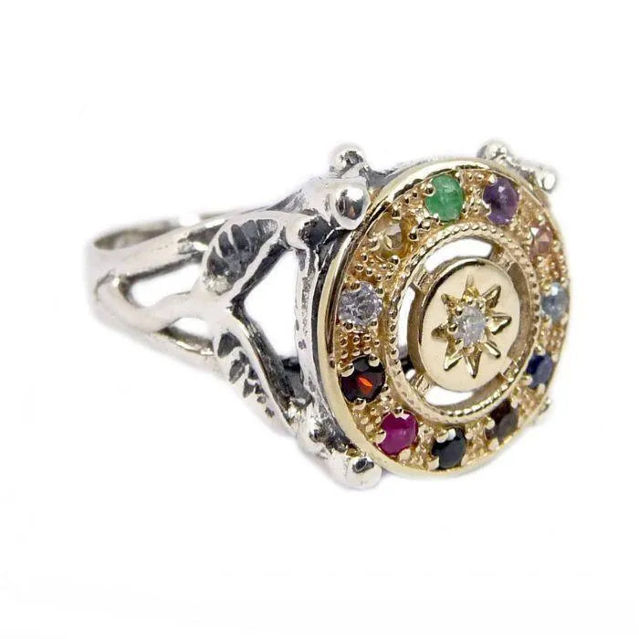 Kabbalah Ring with Priestly Breastplate Stones Hoshen 12 Tribes Silver 925 Gold 9k - bluewhiteshop