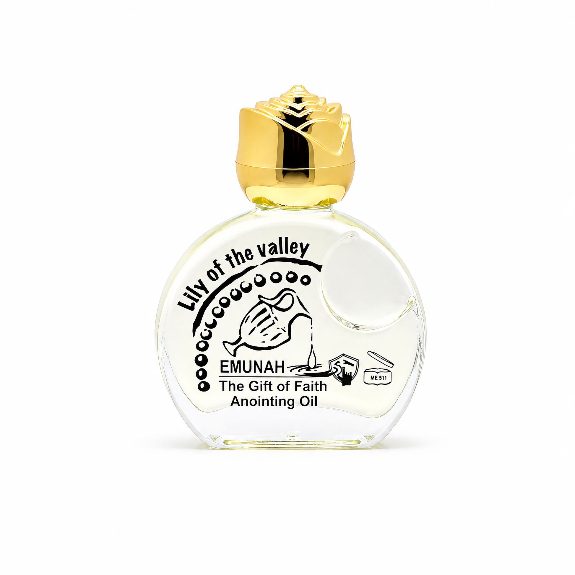 Lily of the Valley anointing oil bottle with golden rose-shaped cap
