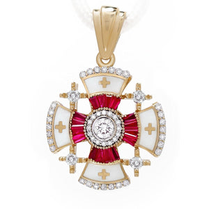 Luxurious 14K Gold Jerusalem Cross Necklace with Ruby Corundum, Diamonds, and White Enamel - bluewhiteshop