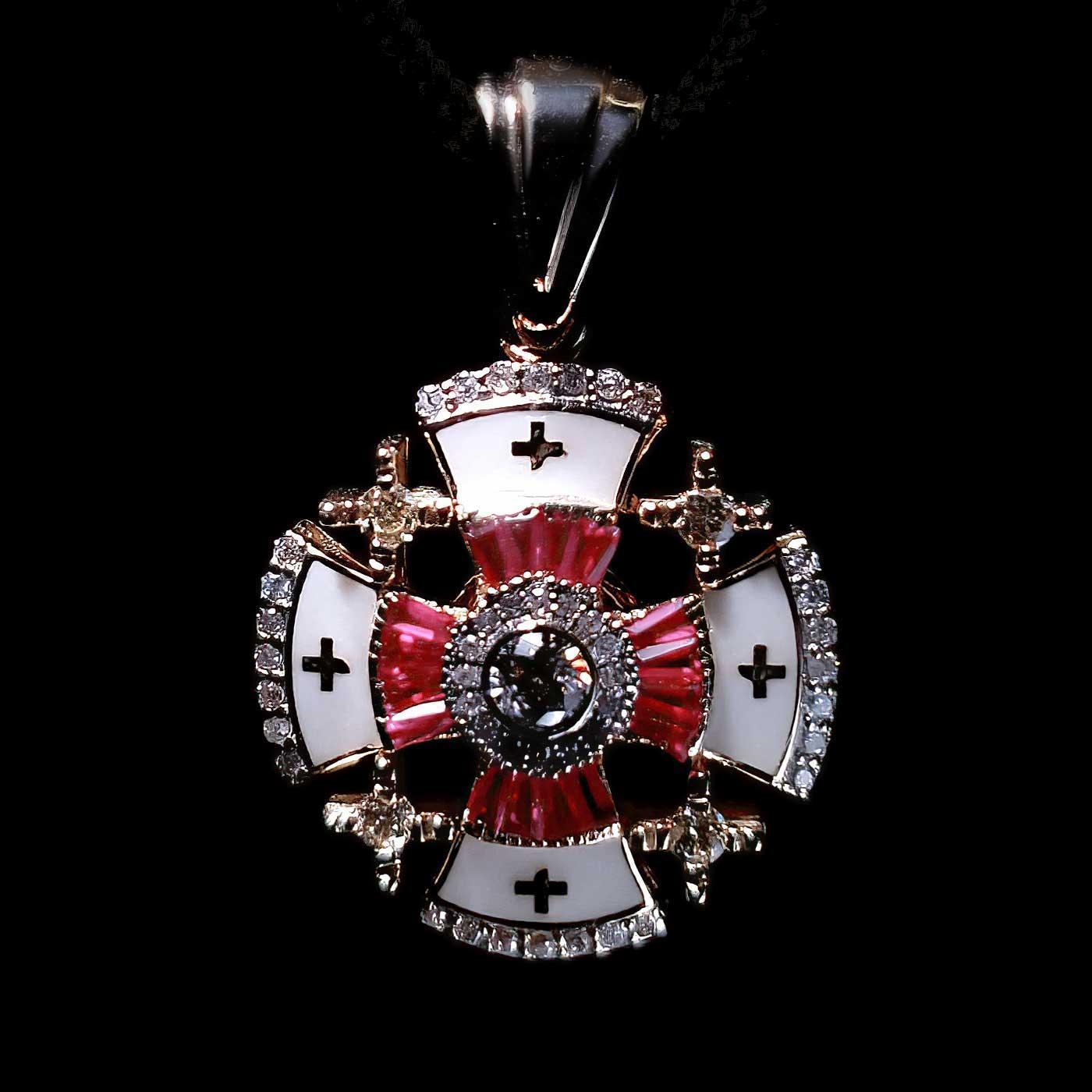 Designer Two Tier Gunmetal Discs Jerusalem Cross Red Stone & Rhinestone Necklace outlet