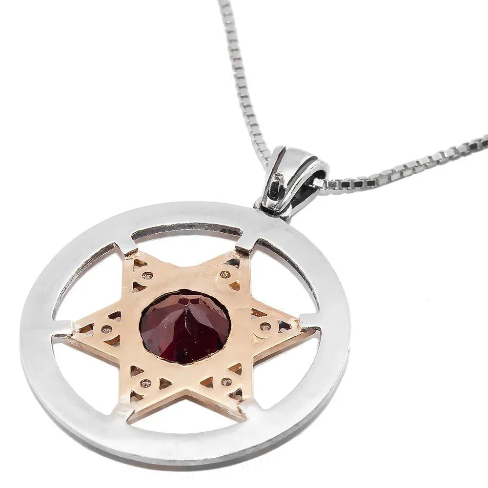 Magen David with Priestly Blessing and Garnet Stone Silver 925 Gold 9K Jewish Jewelry Judaica - bluewhiteshop