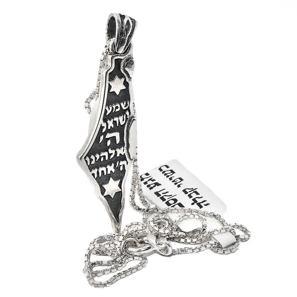 Map of Israel Pendant with Shema Israel Blessing Silver 925 Jewish Jewelry - bluewhiteshop