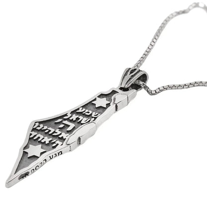 Map of Israel Pendant with Shema Israel Blessing Silver 925 Jewish Jewelry - bluewhiteshop