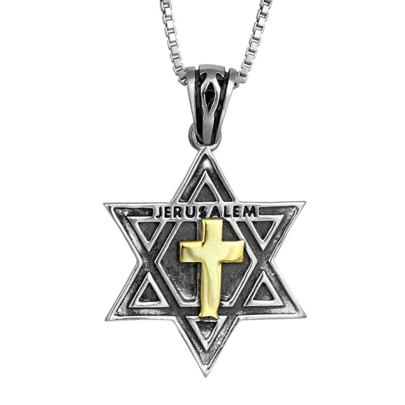 Messianic pendant Star of David with a Cross Gold 9K Sterling Silver - bluewhiteshop