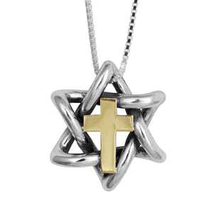 Messianic Pendant Talisman Star of David Pendant with Gold Cross 9K Sterling Silver - bluewhiteshop