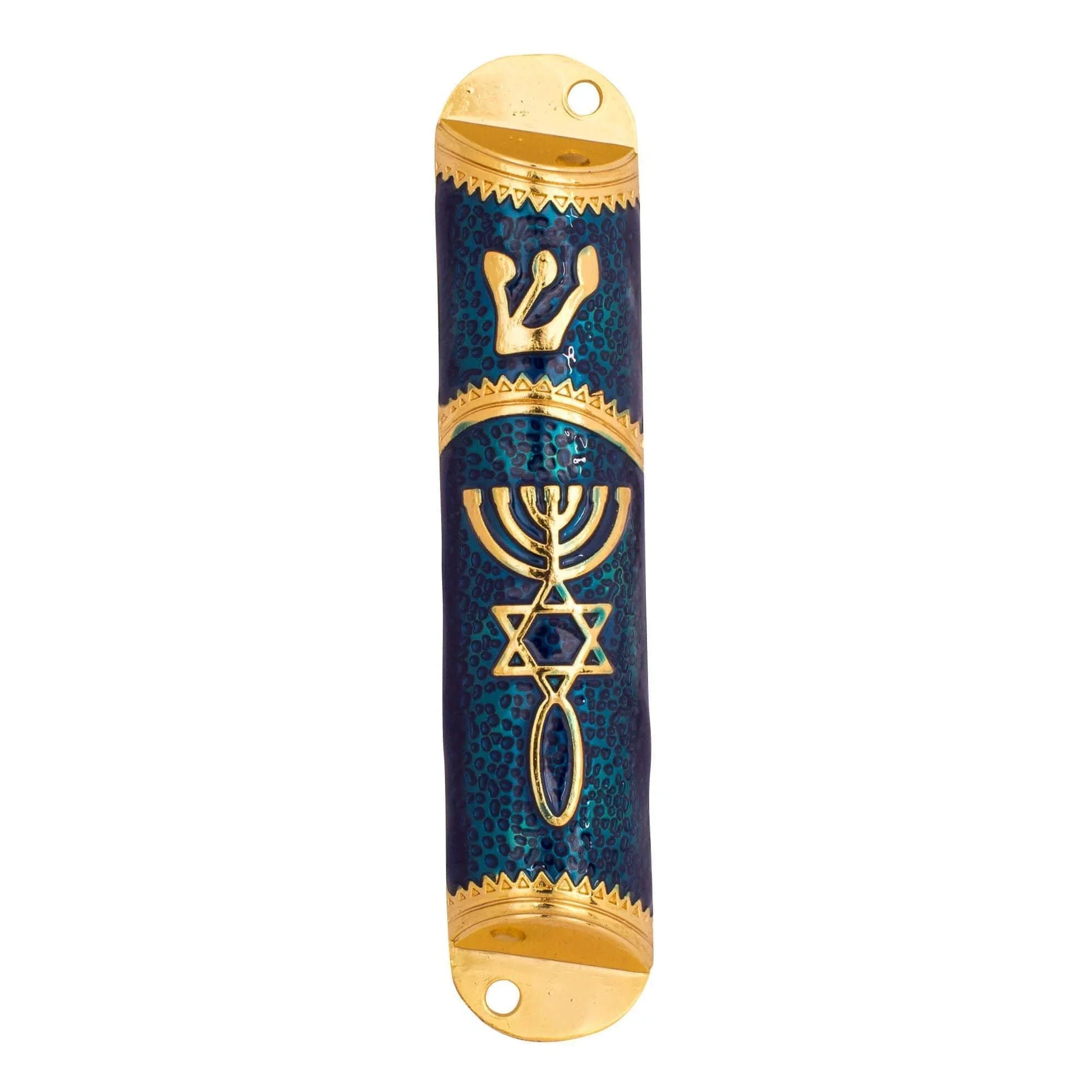 Metal Door Mezuzah Case with Messianic Symbol Gold Blue 4.1 inch - bluewhiteshop