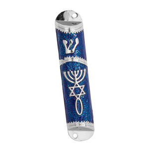 Metal Door Mezuzah Case with Messianic Symbol Silver Blue 4.1 inch - bluewhiteshop