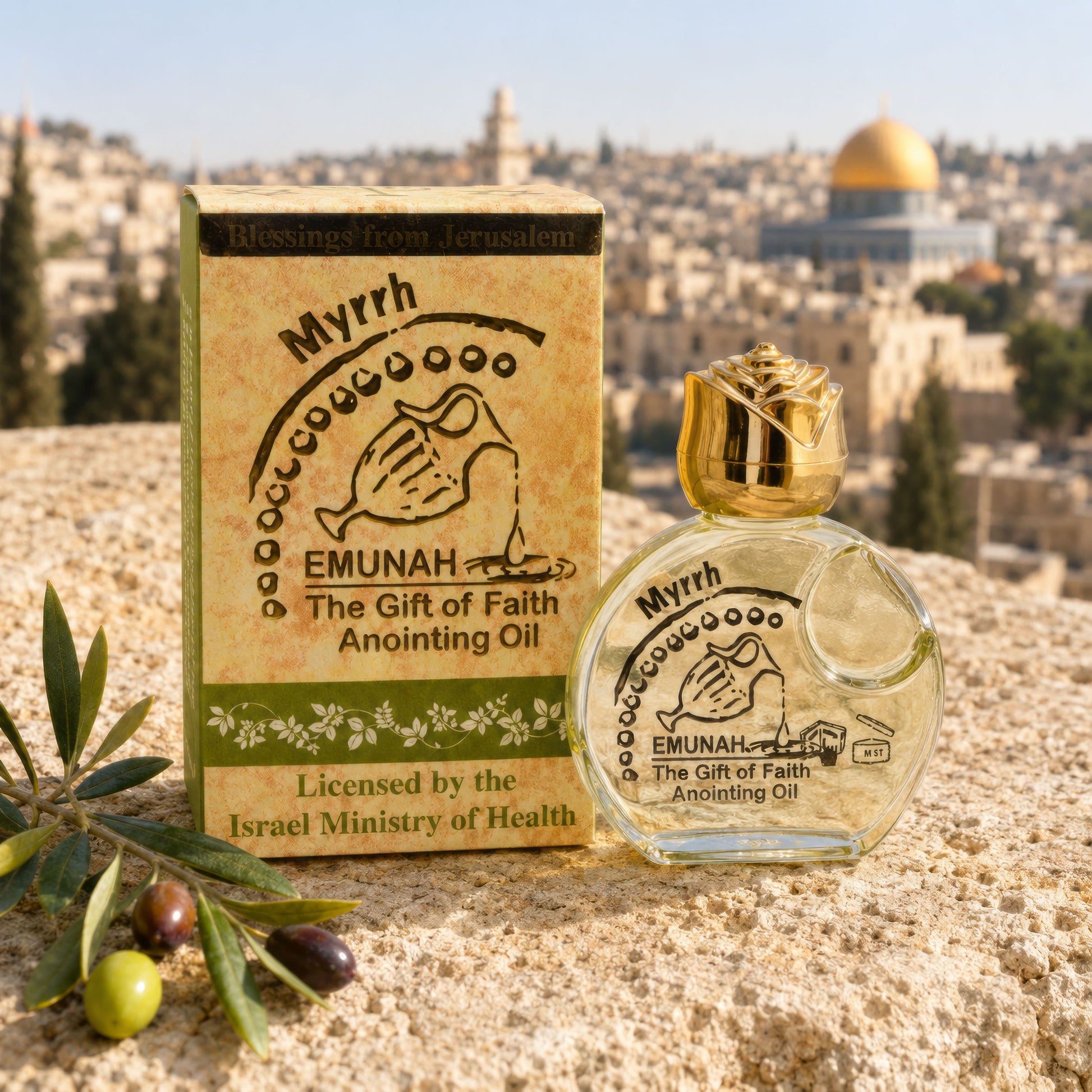 Myrrh anointing oil bottle and box on Jerusalem stone background