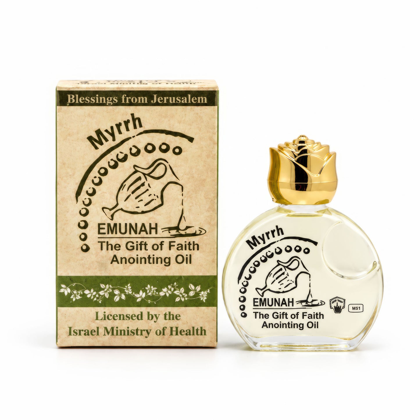 Myrrh The Gift of Faith Anointing Oil bottle with a gold cap next to its kraft paper packaging box, on a white background