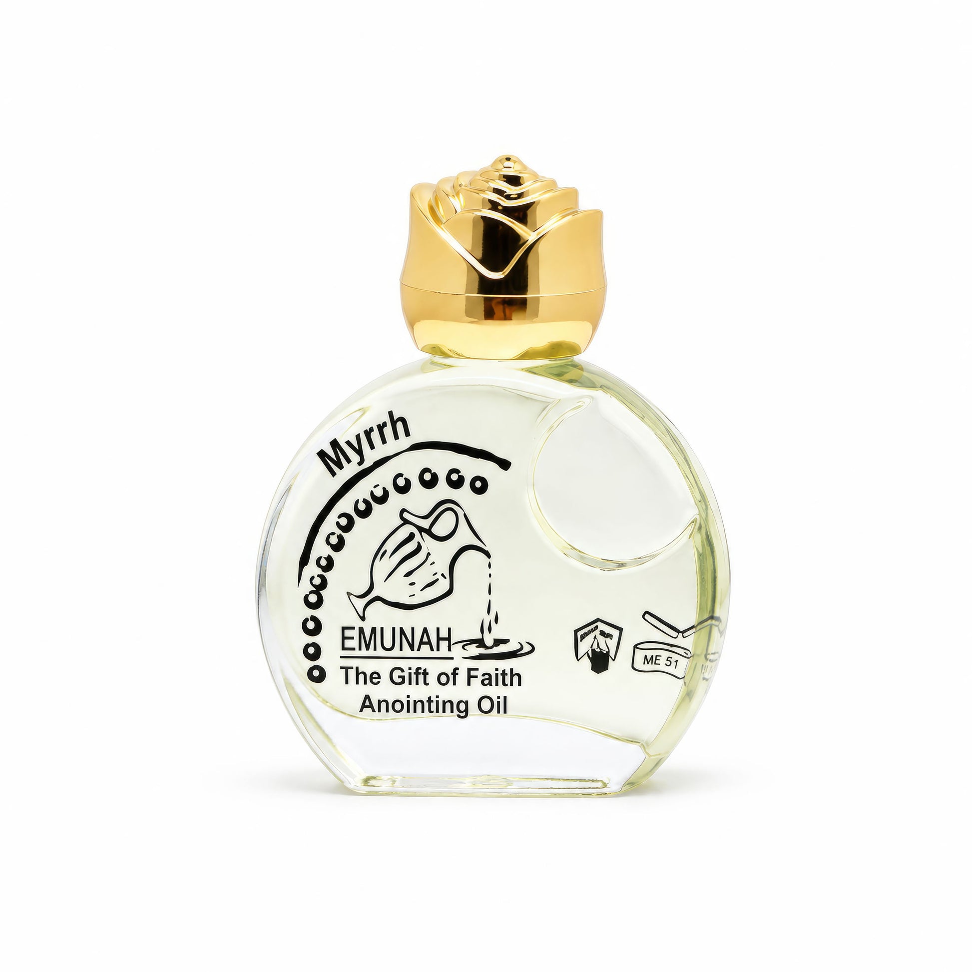 A small clear glass bottle of Myrrh Anointing Oil with a metallic gold cap shaped like a rose, shown on a plain white background.