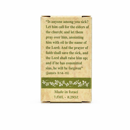 Back of Myrrh anointing oil box with James 5:14–15