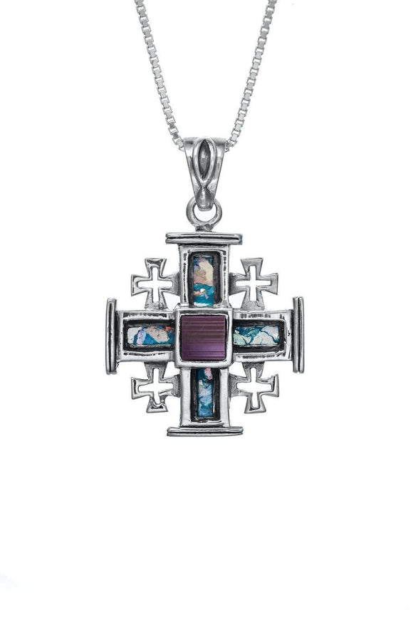 Nano Bible Jerusalem Cross Pendant Necklace Silver 925 with Roman Glass - bluewhiteshop