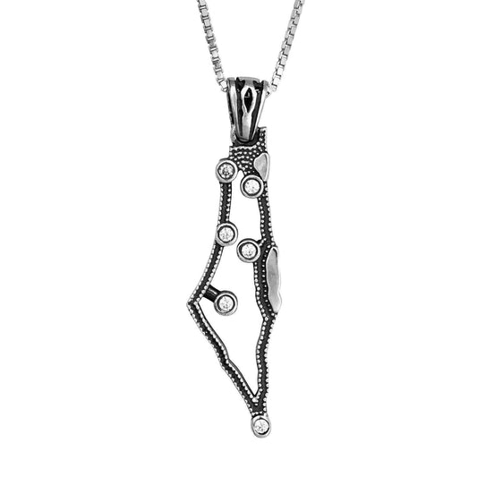 Pendant Map of Country Israel Sterling Silver and Cubic Zircon Crystals - bluewhiteshop