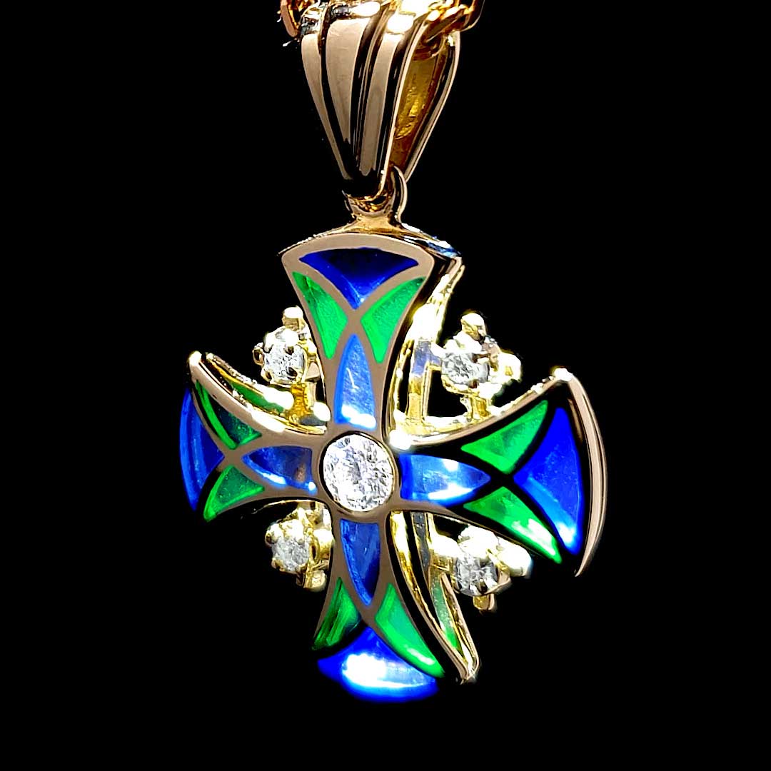 14K Gold Jerusalem Cross Pendant Stained glass enamel and 5 Diamonds