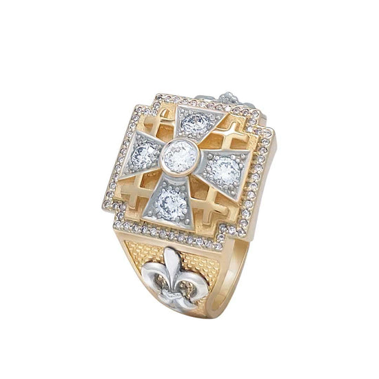 14K Gold Square Christian Men's Signet Ring Jerusalem Cross and Fleurs-de-lis