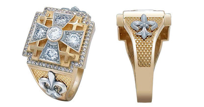 14K Gold Square Christian Men's Signet Ring Jerusalem Cross and Fleurs-de-lis