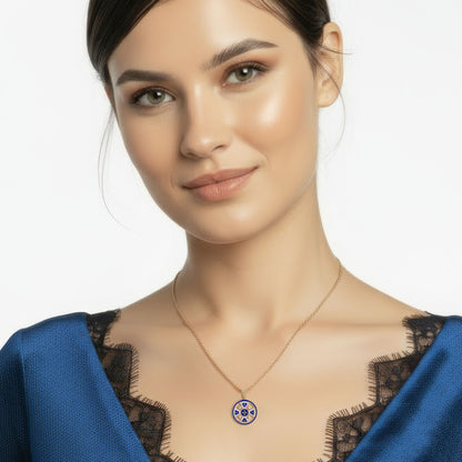 14K Yellow Gold Jerusalem Cross Round Pendant with 68 Diamonds