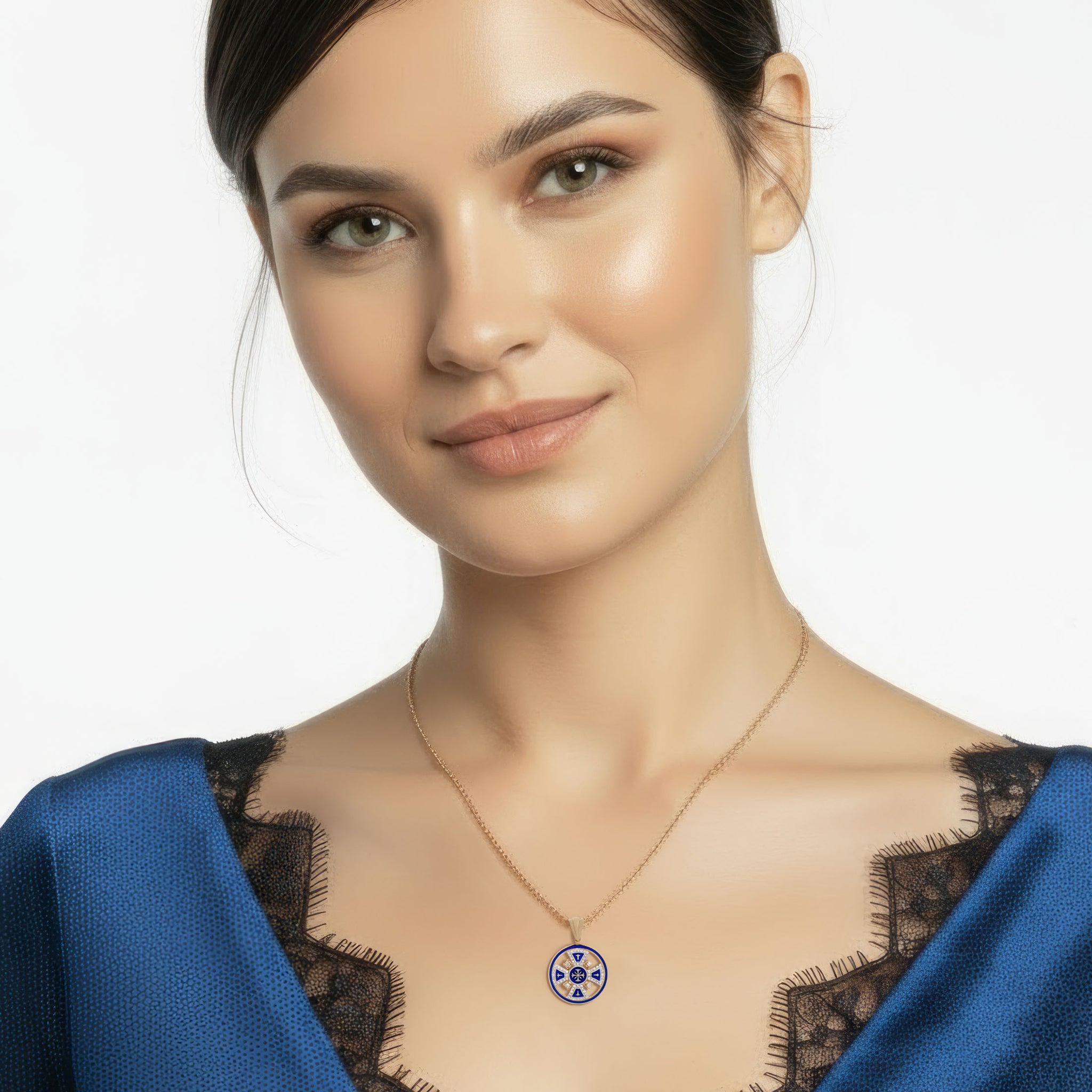 14K Yellow Gold Jerusalem Cross Round Pendant with 68 Diamonds