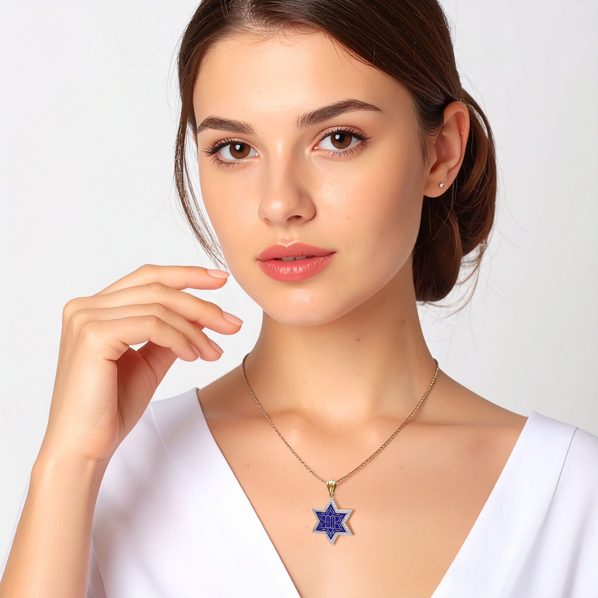 14К gold Star of David Necklace with Blue Enamel and 60 Diamonds