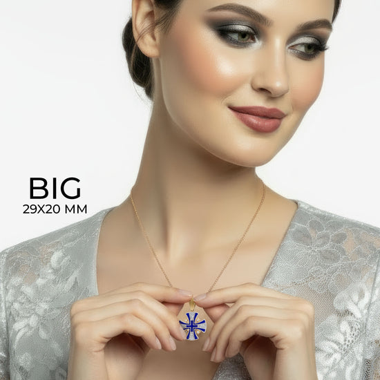 Diamond Cross Necklace 14K Gold with Blue Enamel Jerusalem Cross