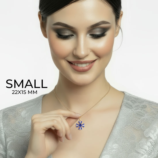 Diamond Cross Necklace 14K Gold with Blue Enamel Jerusalem Cross
