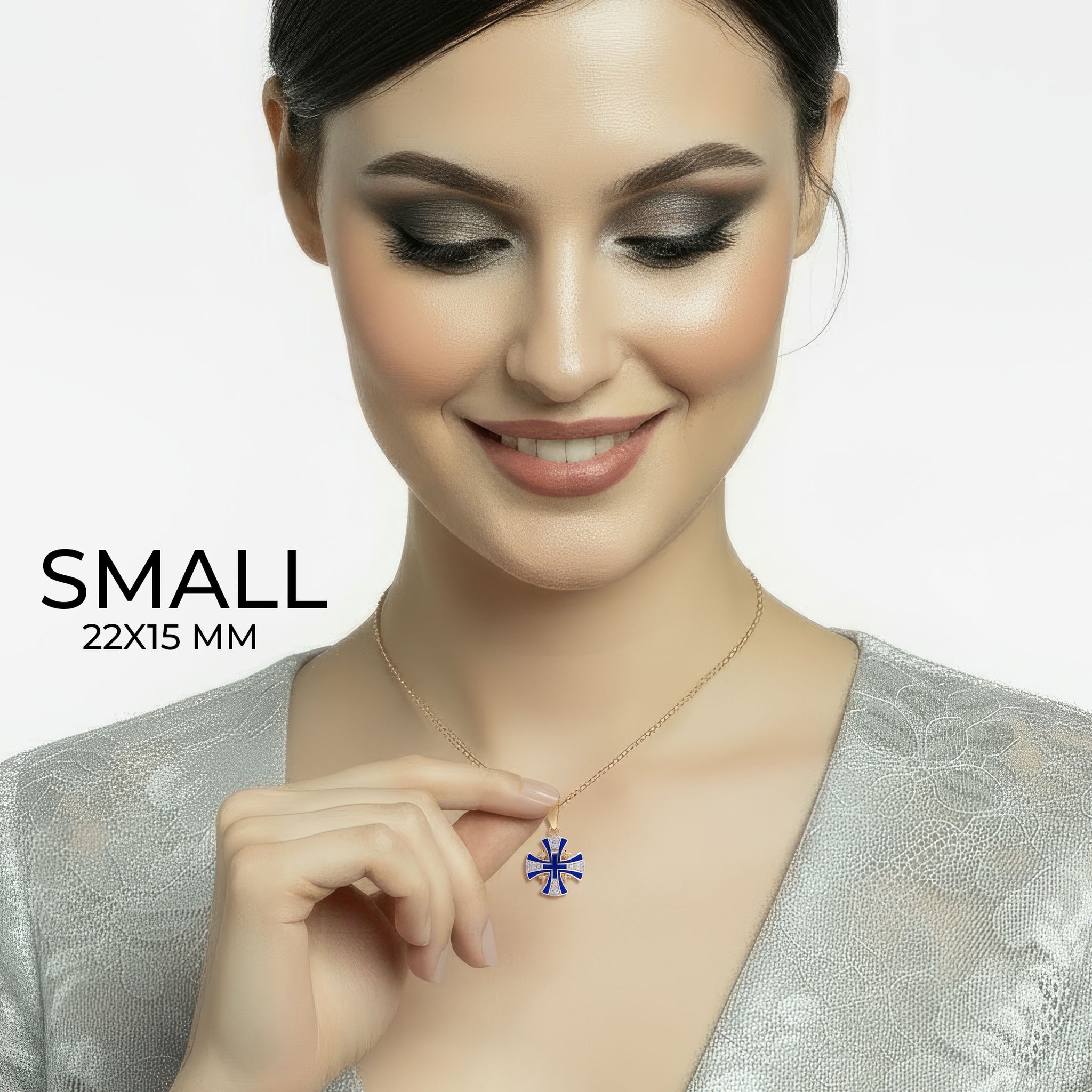Diamond Cross Necklace 14K Gold with Blue Enamel Jerusalem Cross