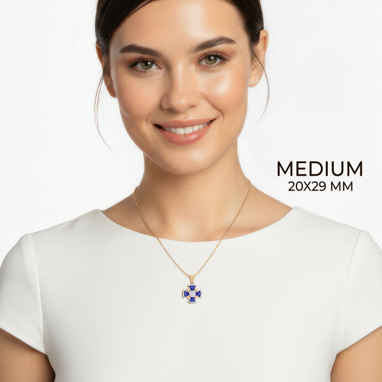 Diamond Jerusalem Cross 14K White & Yellow Gold 53 Diamonds and Blue Enamel medium