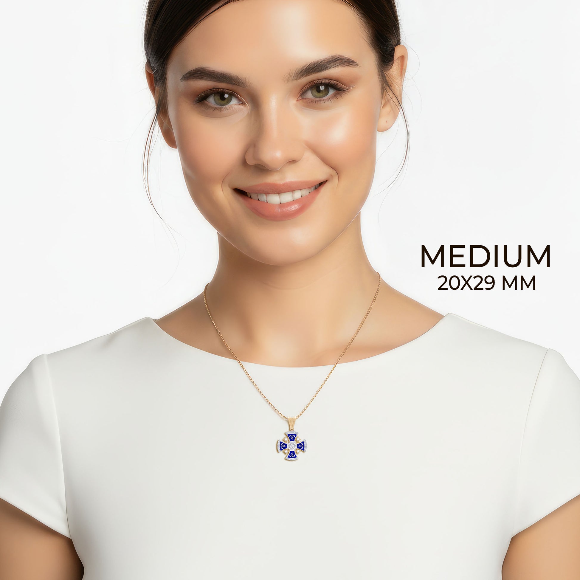 Diamond Jerusalem Cross 14K White & Yellow Gold 53 Diamonds and Blue Enamel medium