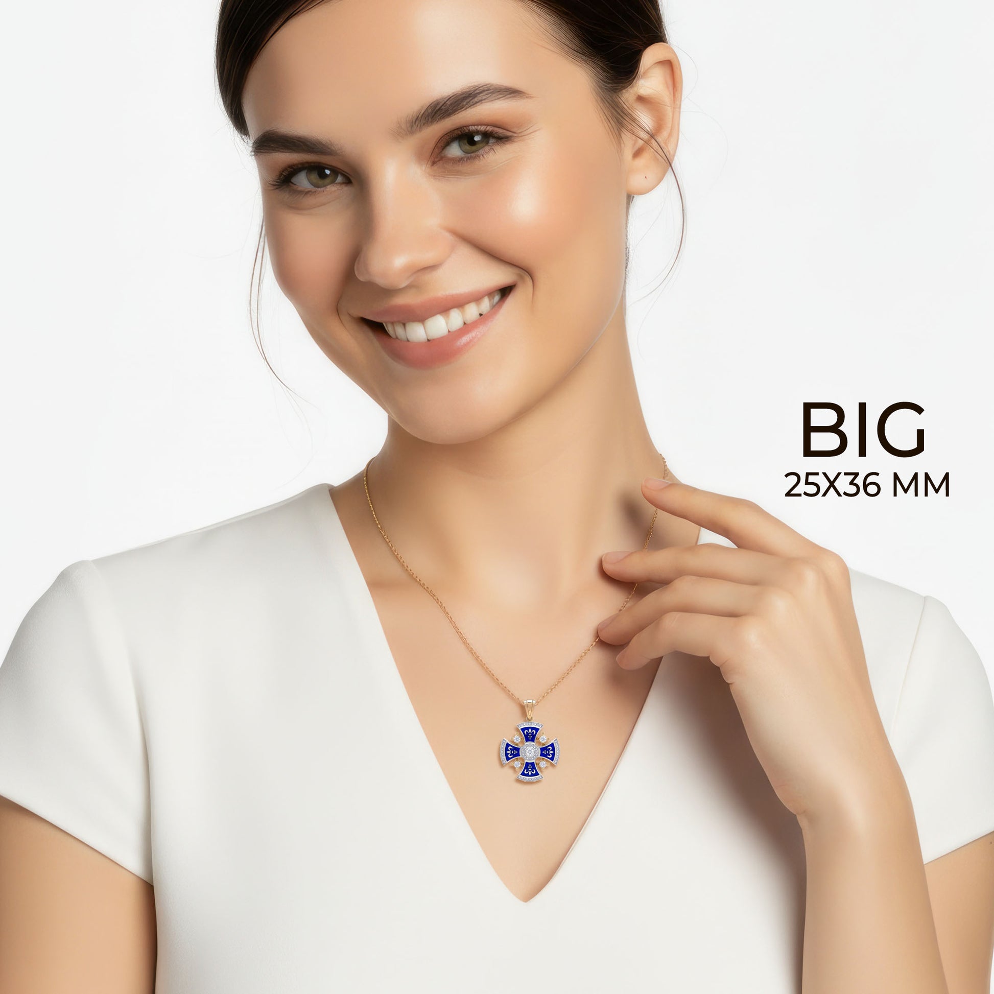 Diamond Jerusalem Cross 14K White & Yellow Gold 57 Diamonds and Blue Enamel big