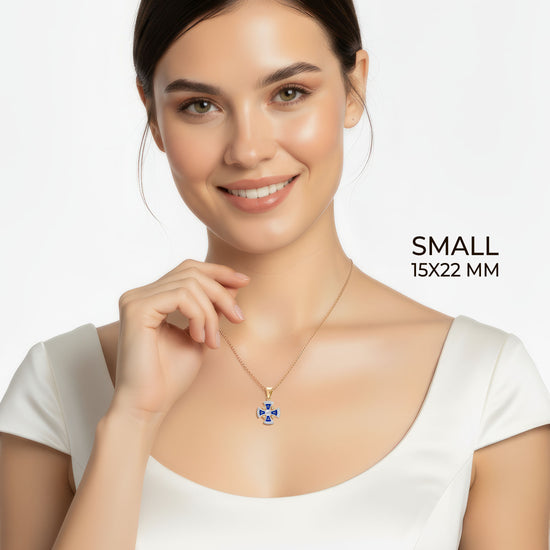 Jerusalem Cross Necklace 14K White & Yellow Gold 29 Diamonds and Blue Enamel small