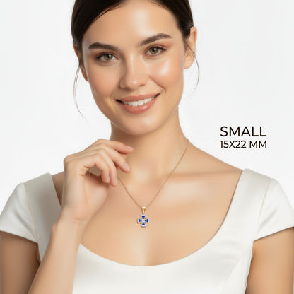 Jerusalem Cross Necklace 14K White & Yellow Gold 29 Diamonds and Blue Enamel small