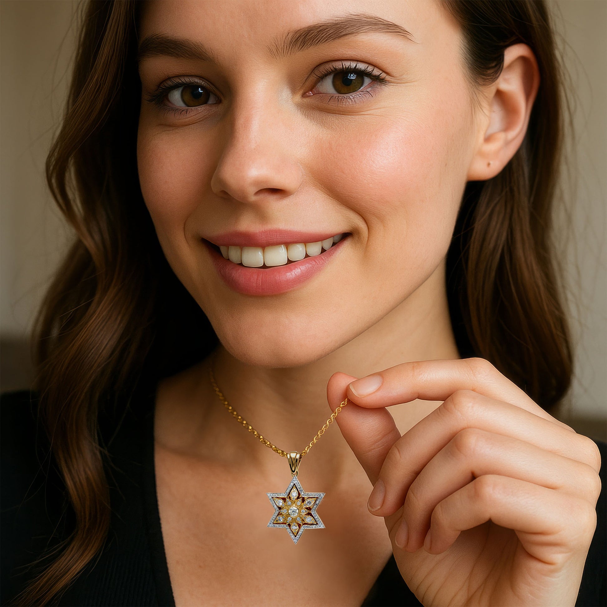 Star of David Gold Pendant with 109 Diamonds - Radiant Floral Design