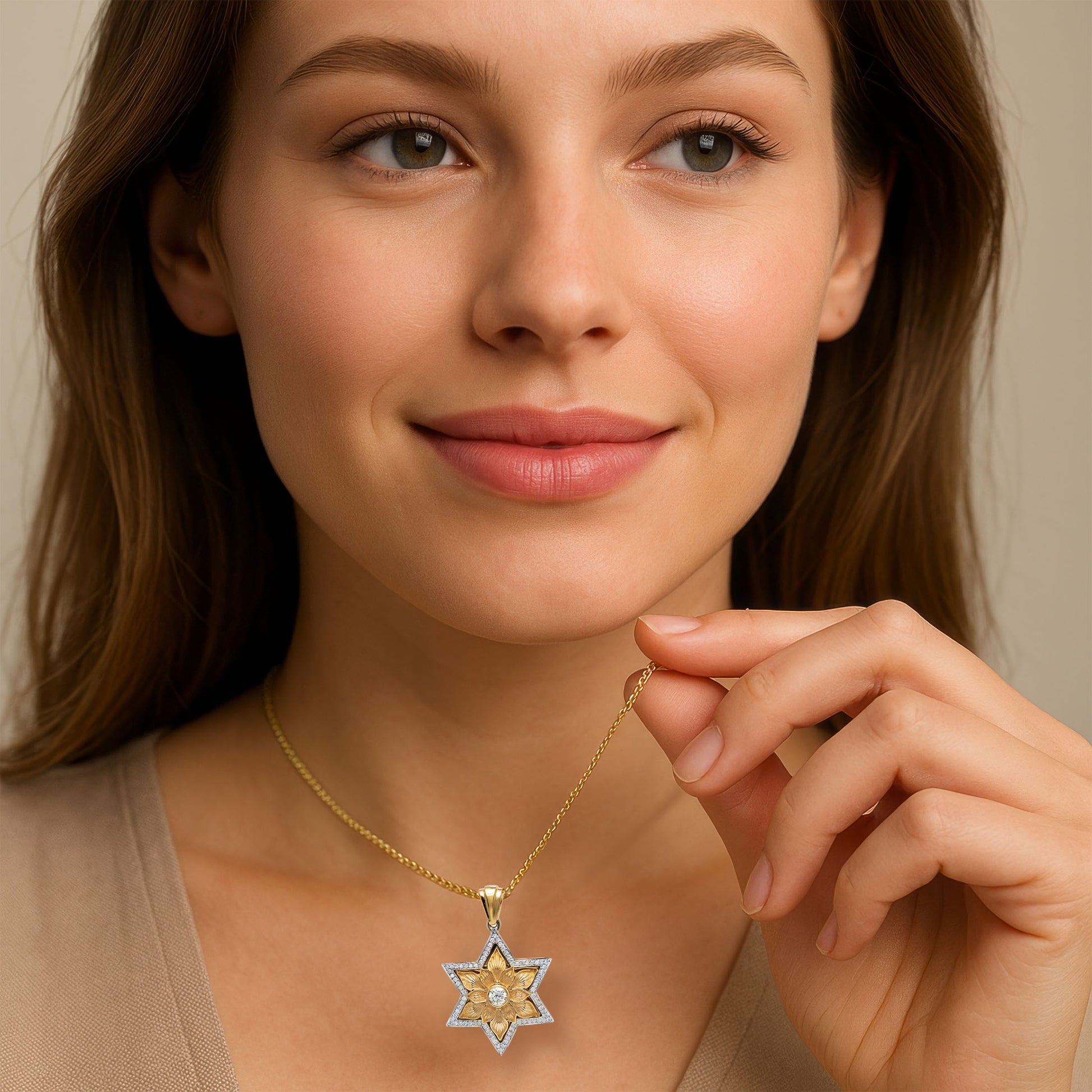 14K Gold Star of David Pendant with Engraved Petals and 79 Diamonds