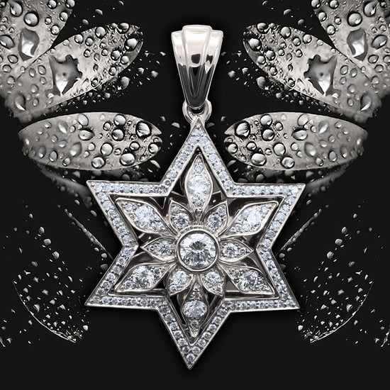14K White Gold Star of David Pendant with 109 Diamonds - Celestial Floral Design