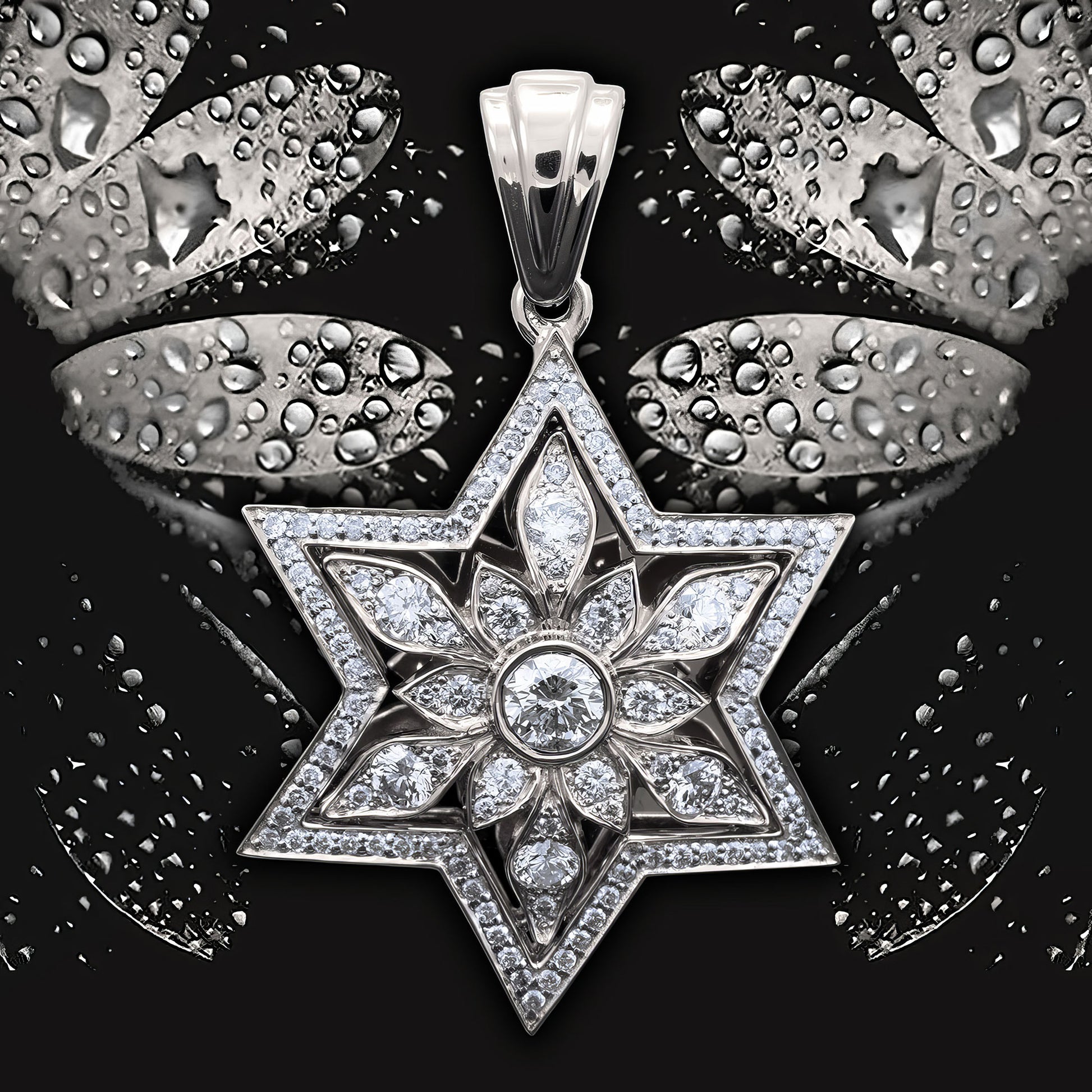 14K White Gold Star of David Pendant with 109 Diamonds - Celestial Floral Design