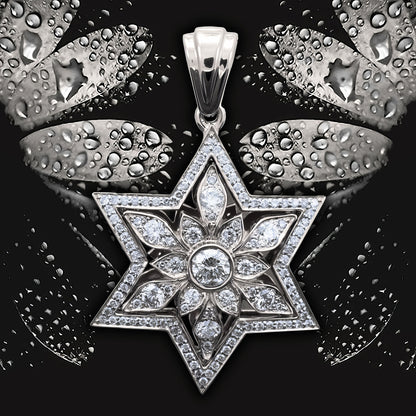 14K White Gold Star of David Pendant with 109 Diamonds - Celestial Floral Design