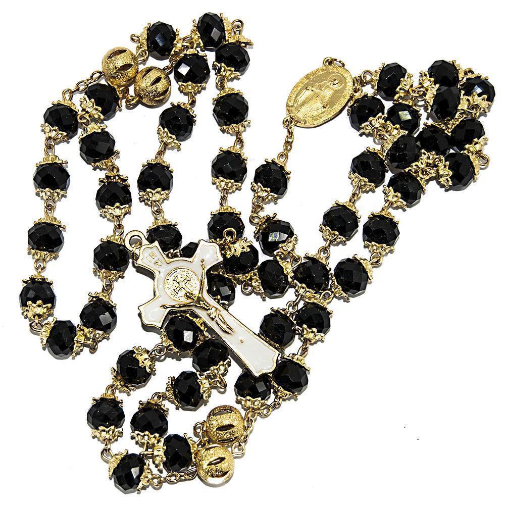 Rosary Beads Black Crystal Beaded Gold Plated Necklace with Miraculous Medal - bluewhiteshop
