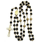 Rosary Beads Black Crystal Beaded Gold Plated Necklace with Miraculous Medal - bluewhiteshop