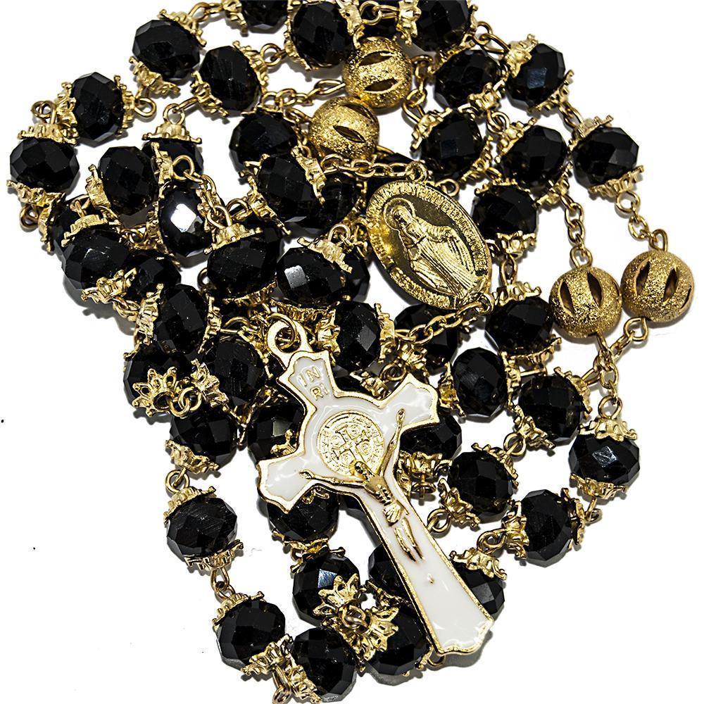 Rosary Beads Black Crystal Beaded Gold Plated Necklace with Miraculous Medal - bluewhiteshop