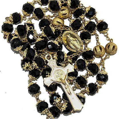 Rosary Beads Black Crystal Beaded Gold Plated Necklace with Miraculous Medal - bluewhiteshop