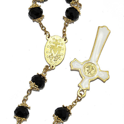 Rosary Beads Black Crystal Beaded Gold Plated Necklace with Miraculous Medal - bluewhiteshop