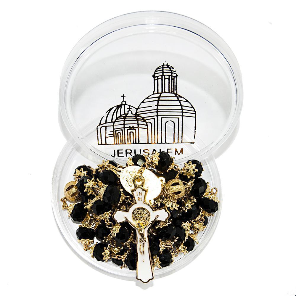 Rosary Beads Black Crystal Beaded Gold Plated Necklace with Miraculous Medal - bluewhiteshop