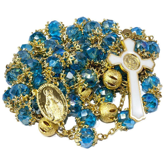 Rosary Beads Blue Crystal Beaded Gold Plated Necklace with Madonna Medal - bluewhiteshop