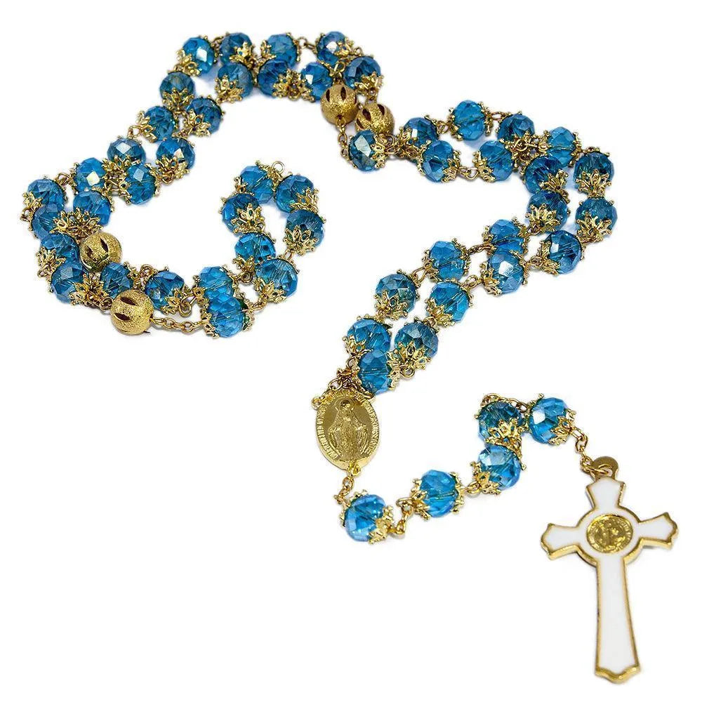 Rosary Beads Blue Crystal Beaded Gold Plated Necklace with Madonna Medal - bluewhiteshop