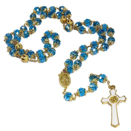 Rosary Beads Blue Crystal Beaded Gold Plated Necklace with Madonna Medal - bluewhiteshop