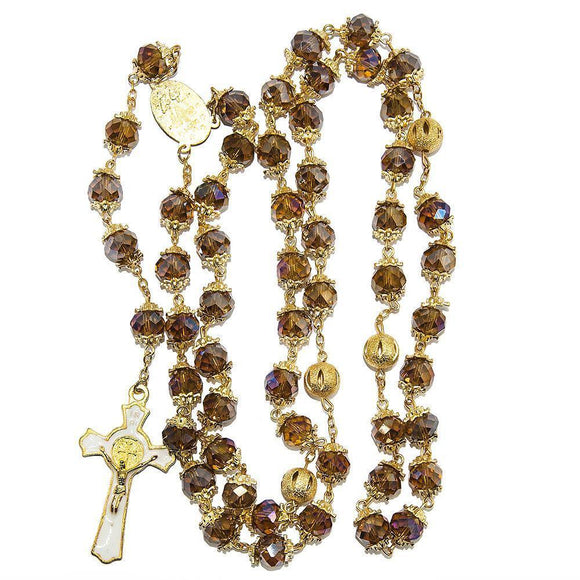 Rosary Beads Brown Crystal Beaded Gold Plated Necklace with Miraculous Medal - bluewhiteshop