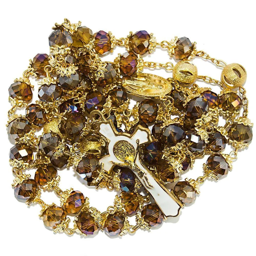 Rosary Beads Brown Crystal Beaded Gold Plated Necklace with Miraculous Medal - bluewhiteshop