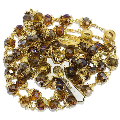 Rosary Beads Brown Crystal Beaded Gold Plated Necklace with Miraculous Medal - bluewhiteshop